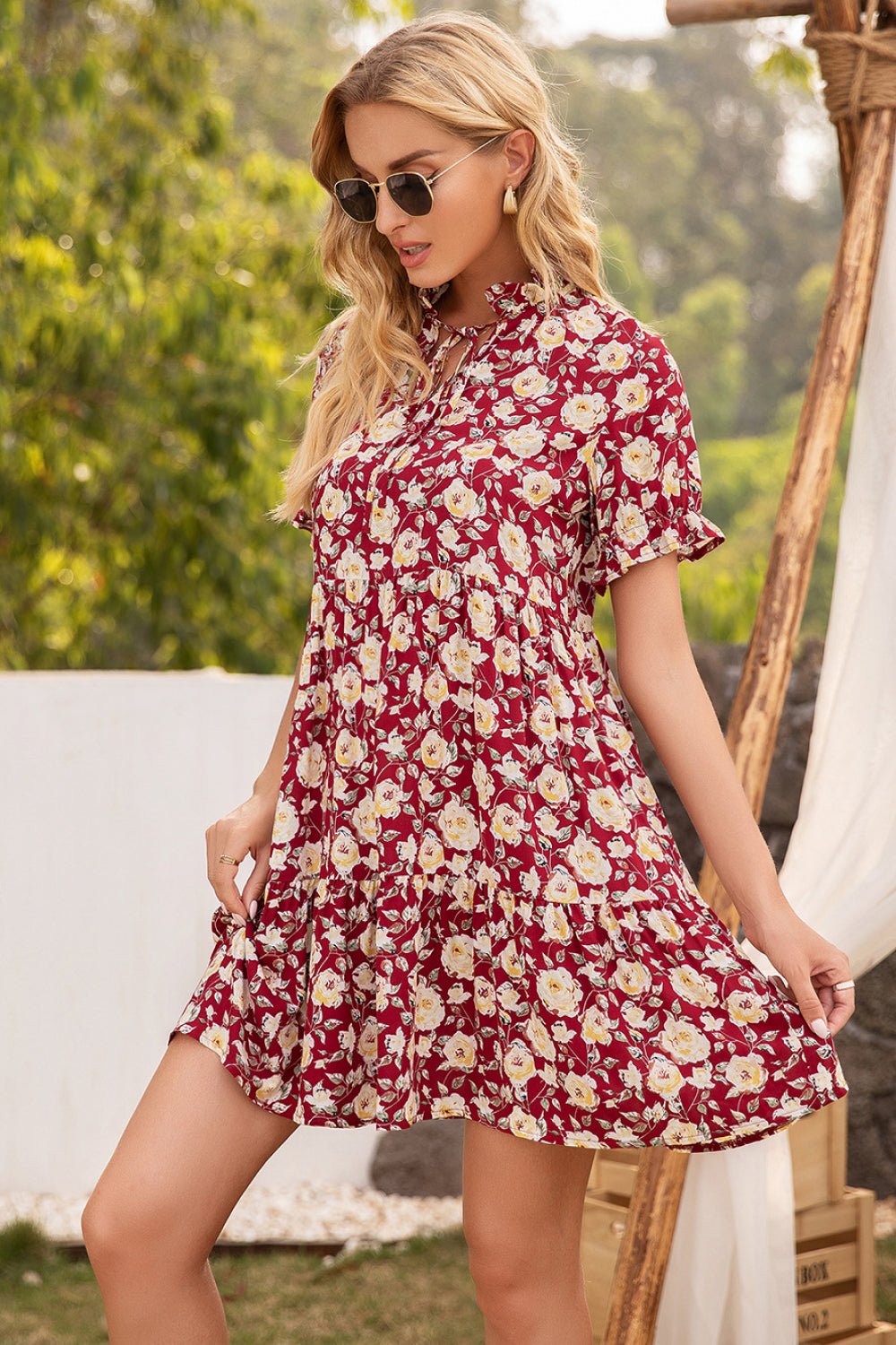 Beach Rose Co. - Floral Ruffle Trim Tie - Neck Mini Dress