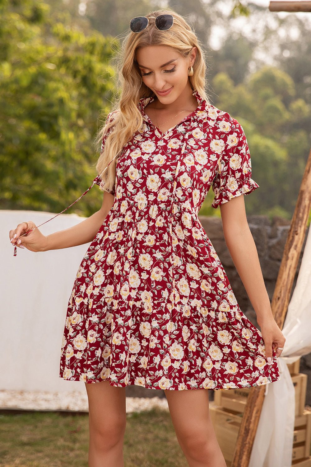 Beach Rose Co. - Floral Ruffle Trim Tie - Neck Mini Dress