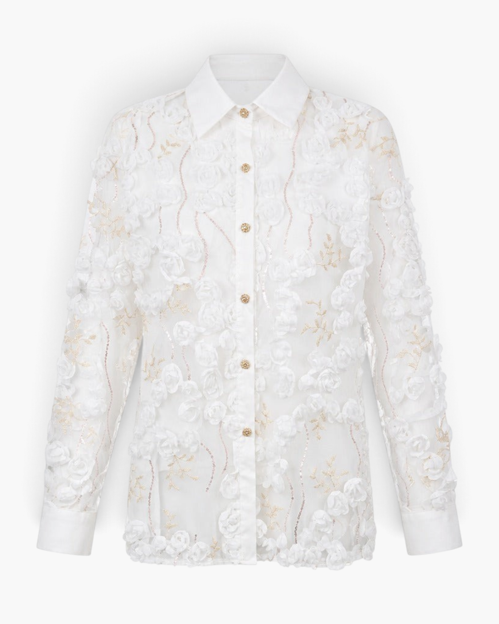 Beach Rose Co. white button-up blouse featuring dimensional floral appliqués, delicate sequins, and sheer long sleeves.