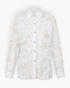 Beach Rose Co. white button-up blouse featuring dimensional floral appliqués, delicate sequins, and sheer long sleeves.