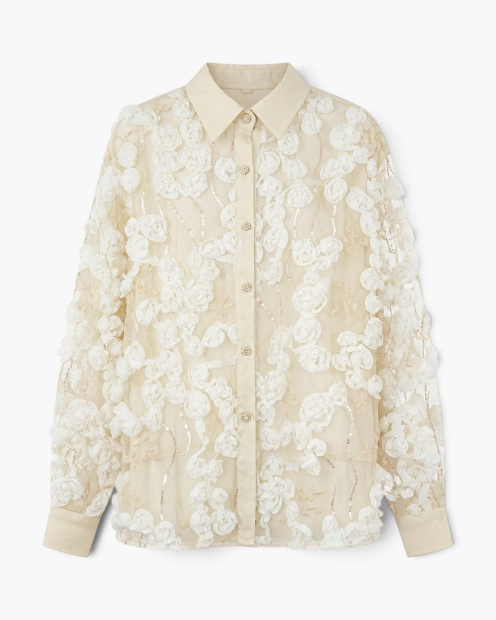 Beach Rose Co. beige button-up blouse featuring dimensional floral appliqués, sheer sleeves, and delicate sequins.