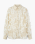Beach Rose Co. beige button-up blouse featuring dimensional floral appliqués, sheer sleeves, and delicate sequins.