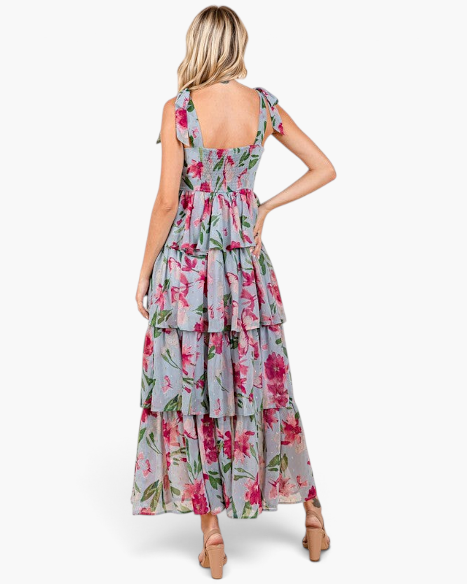 Beach Rose Co. dusty blue maxi dress with pink floral print, shoulder ties, and tiered ruffles, back view.