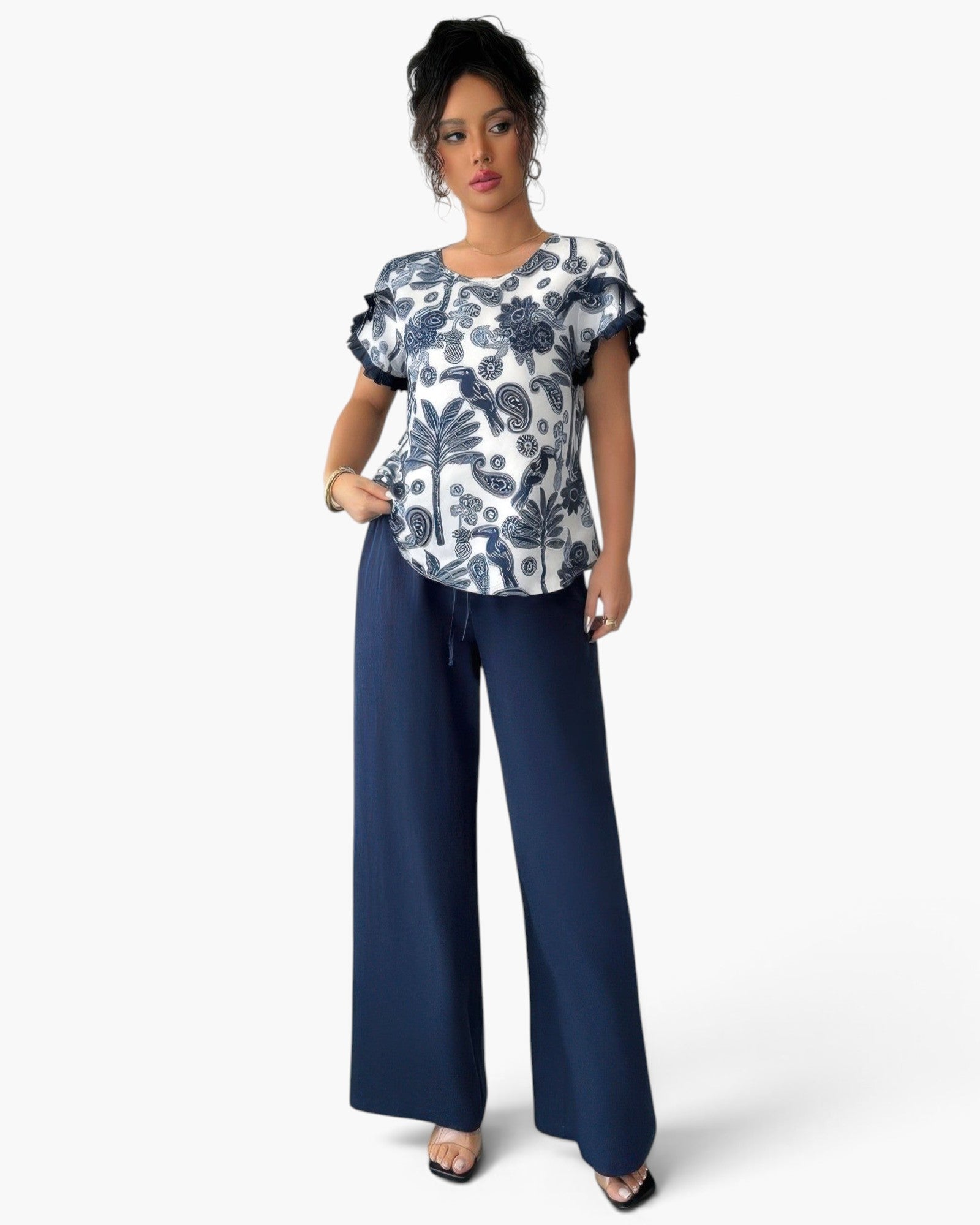Royal Blue Tropical-Print Top & Wide-Leg Pants Set
