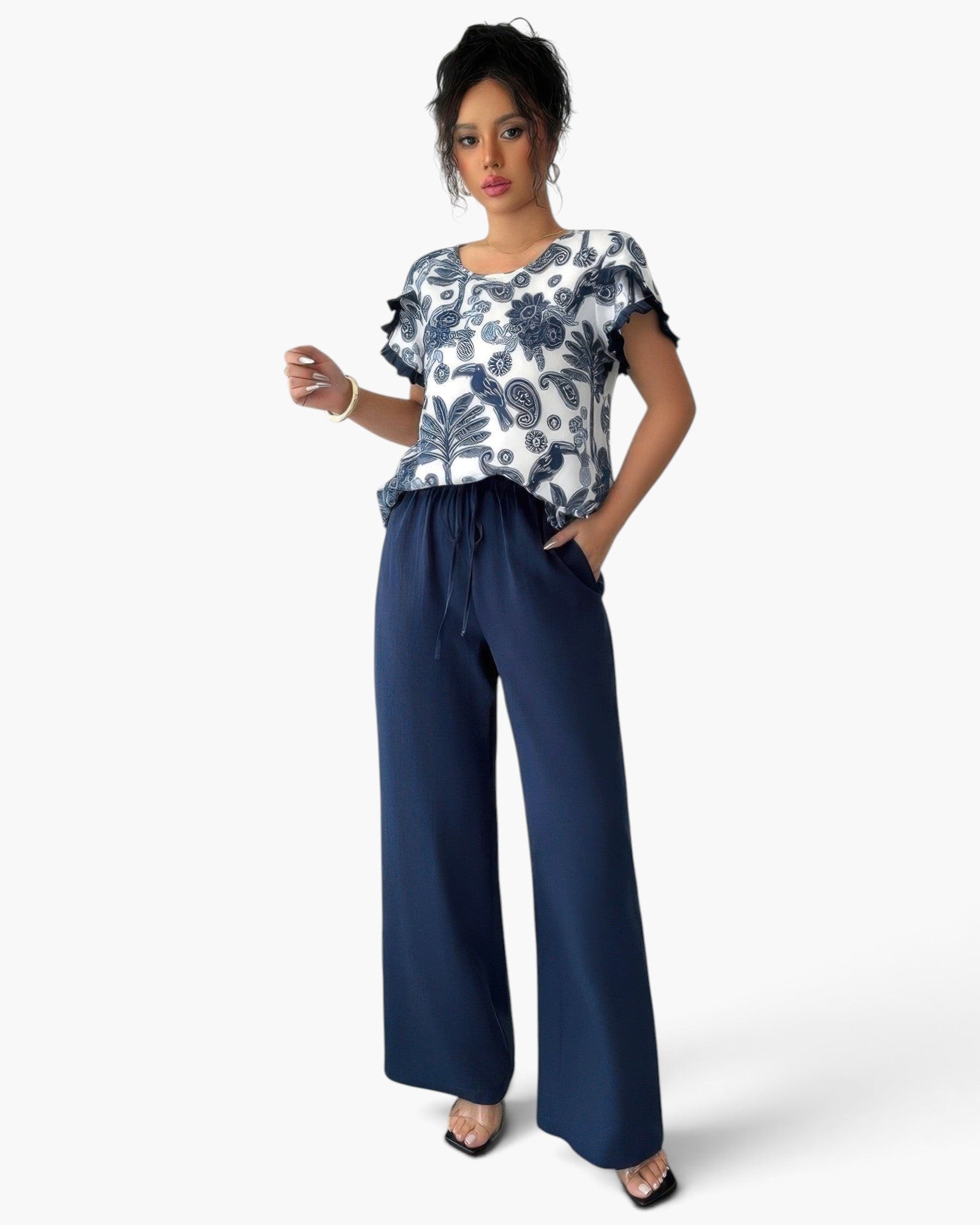 Royal Blue Tropical-Print Top & Wide-Leg Pants Set