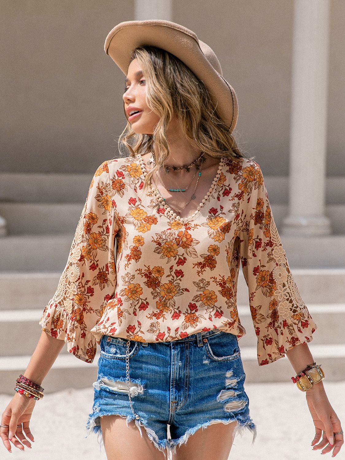 Beach Rose Co. - Floral V - Neck Lace Detail Blouse