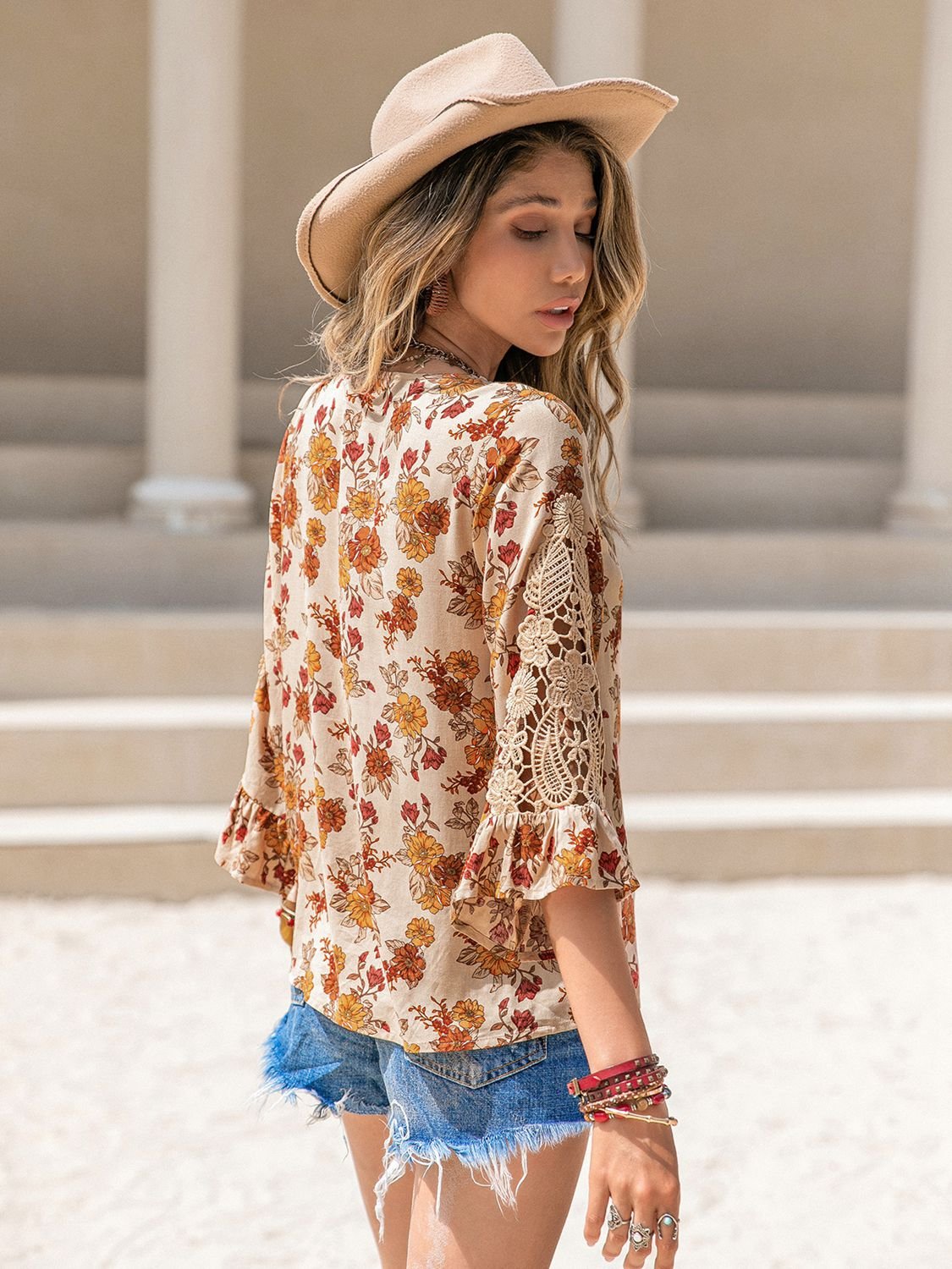 Beach Rose Co. - Floral V - Neck Lace Detail Blouse