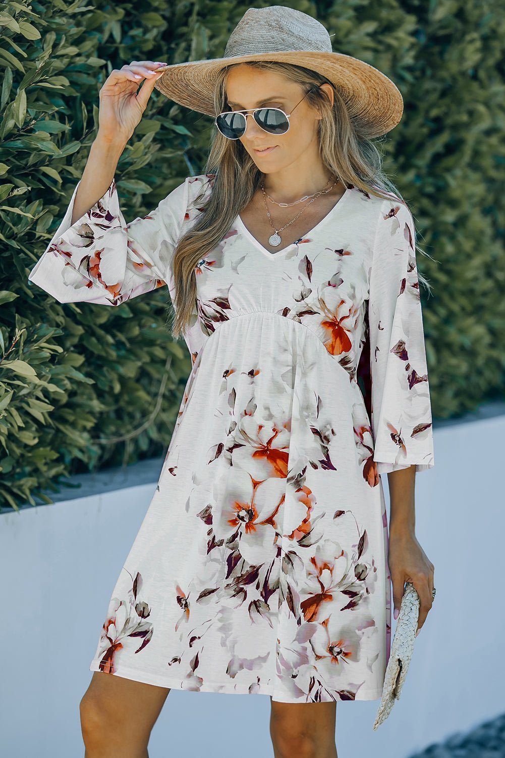 Beach Rose Co. - Floral V - Neck Three - Quarter Sleeve Mini Dress