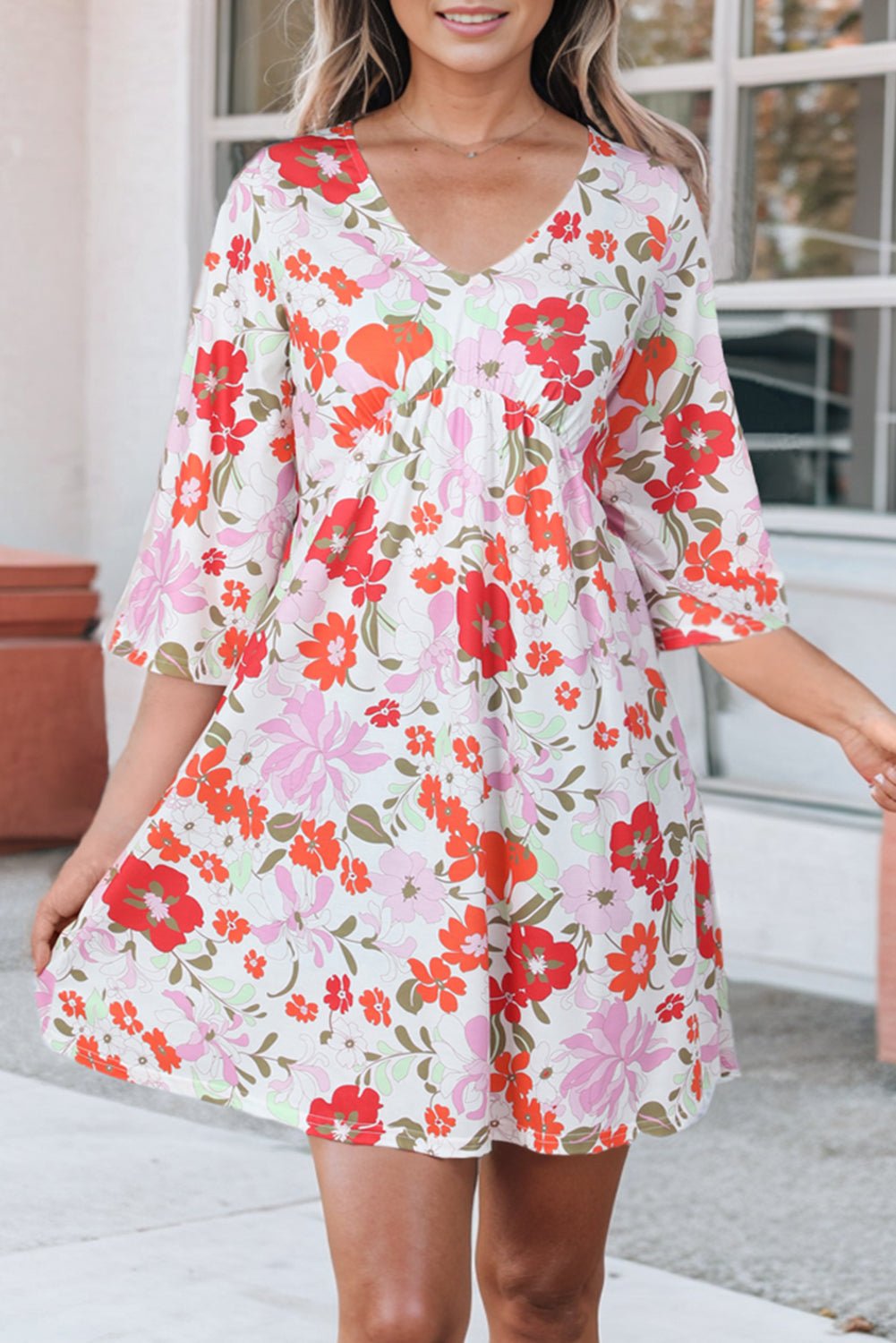 Beach Rose Co. - Floral V - Neck Three - Quarter Sleeve Mini Dress