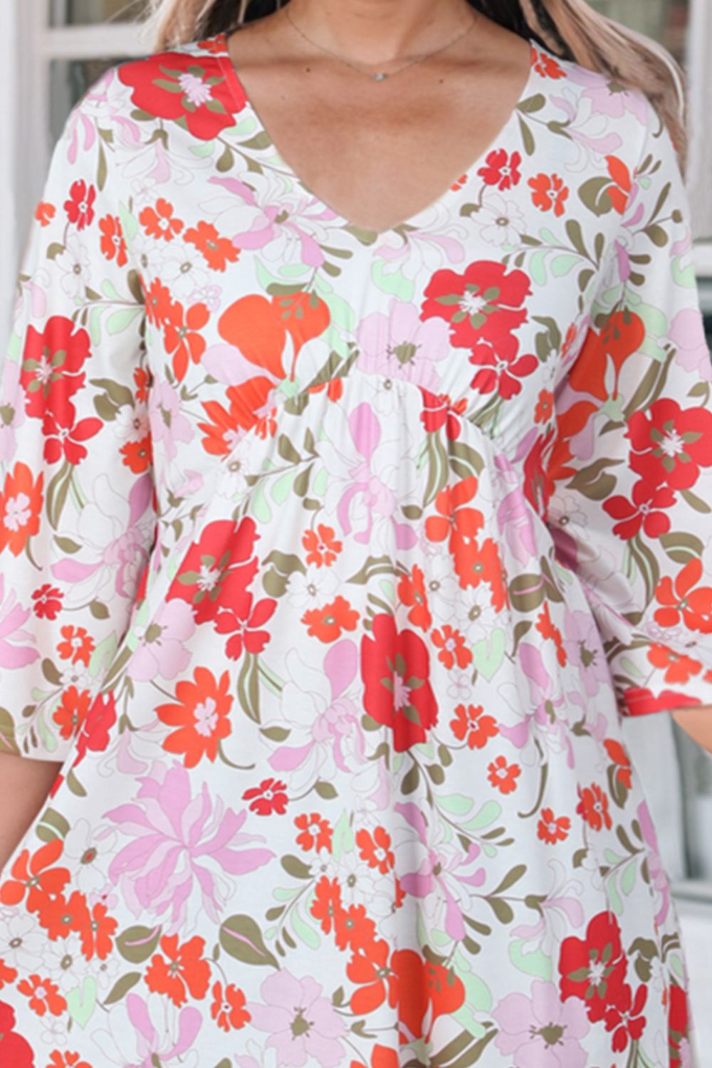 Beach Rose Co. - Floral V - Neck Three - Quarter Sleeve Mini Dress