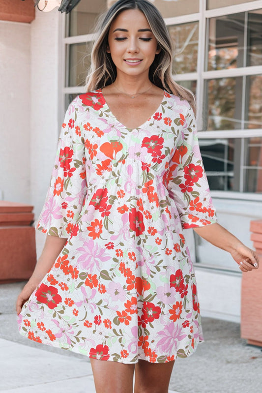 Beach Rose Co. - Floral V - Neck Three - Quarter Sleeve Mini Dress