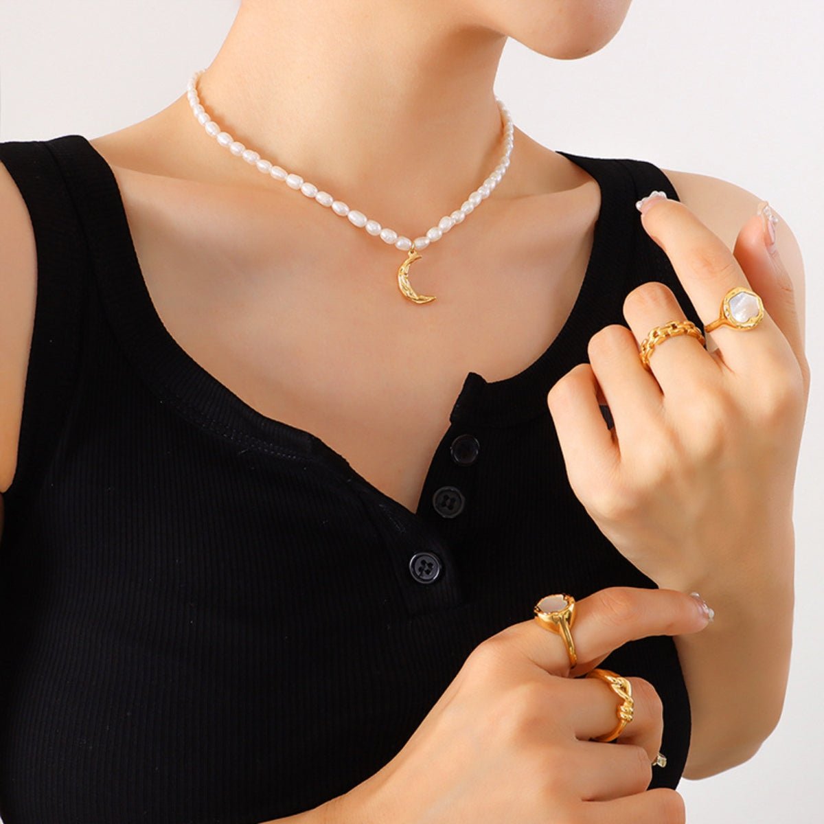 Beach Rose Co. - Freshwater Pearl Moon Shape Pendant Gold Necklace