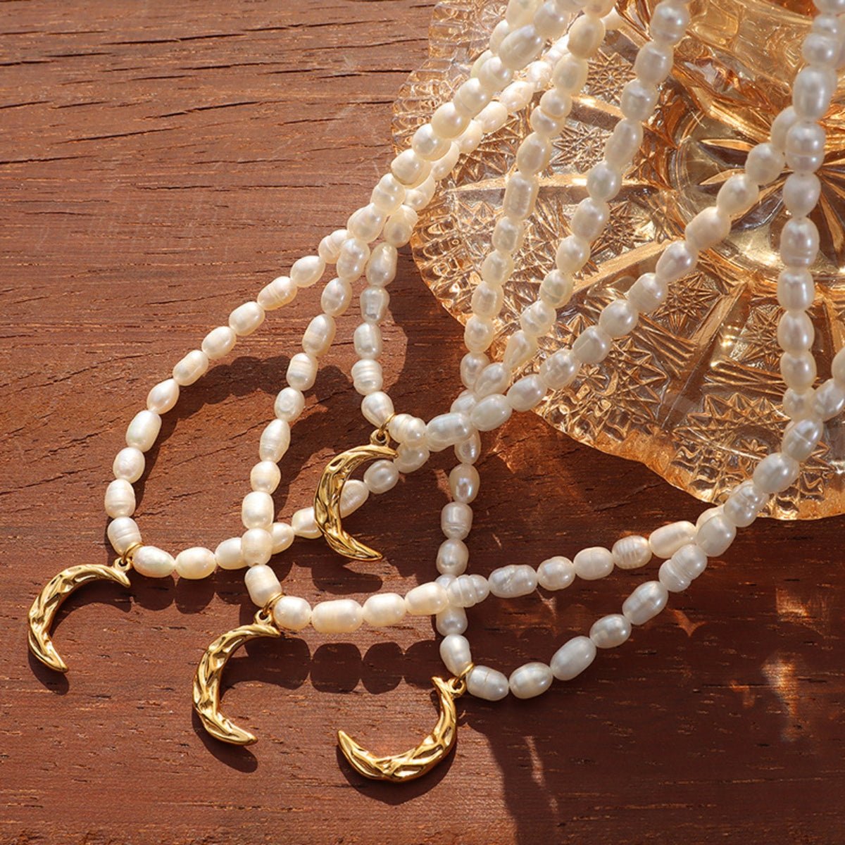 Beach Rose Co. - Freshwater Pearl Moon Shape Pendant Gold Necklace