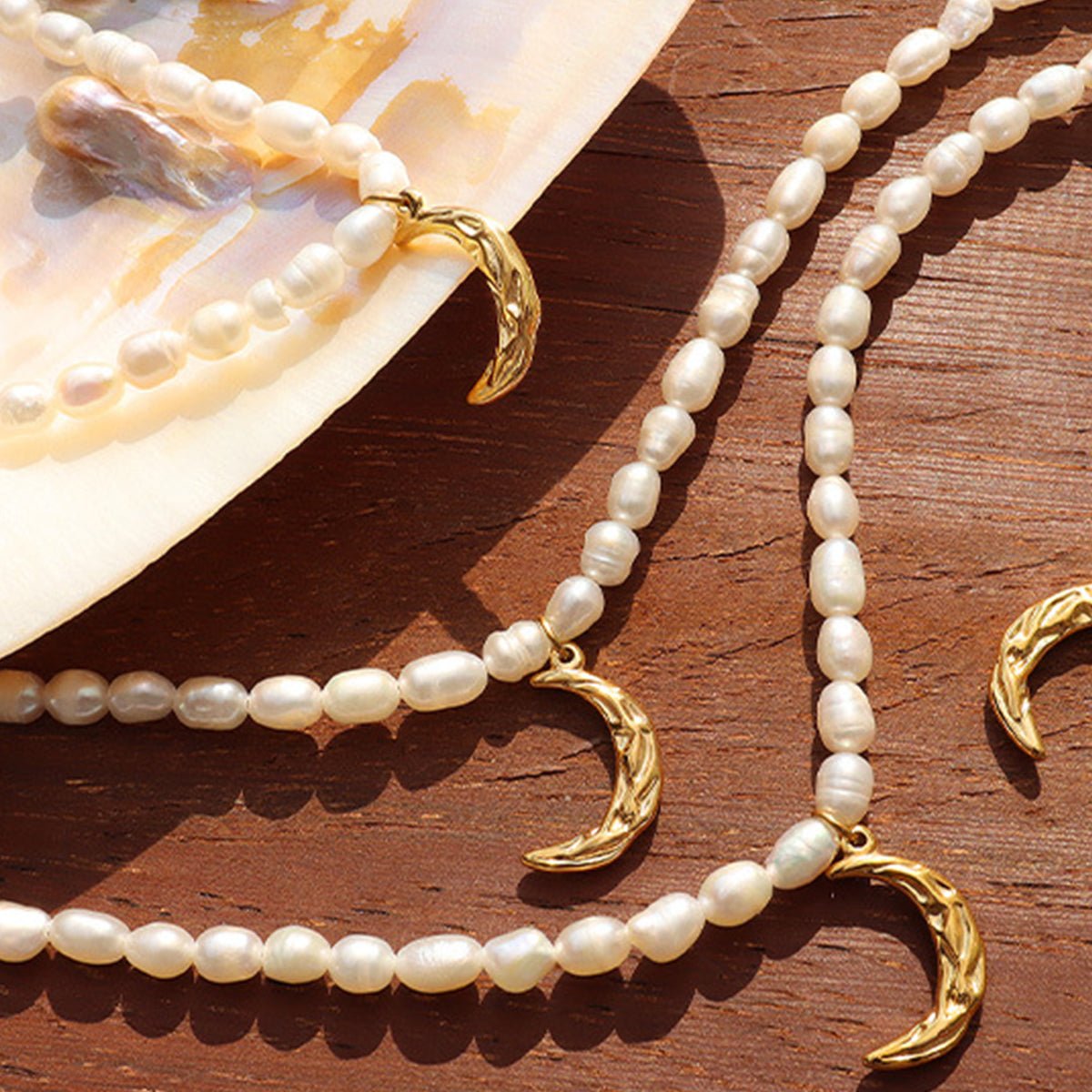 Beach Rose Co. - Freshwater Pearl Moon Shape Pendant Gold Necklace