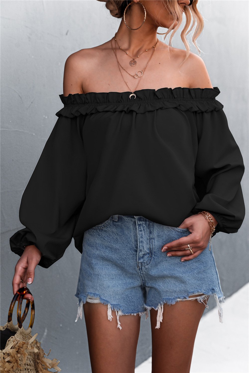 Beach Rose Co. - Frill Trim Off - Shoulder Balloon Sleeve Top