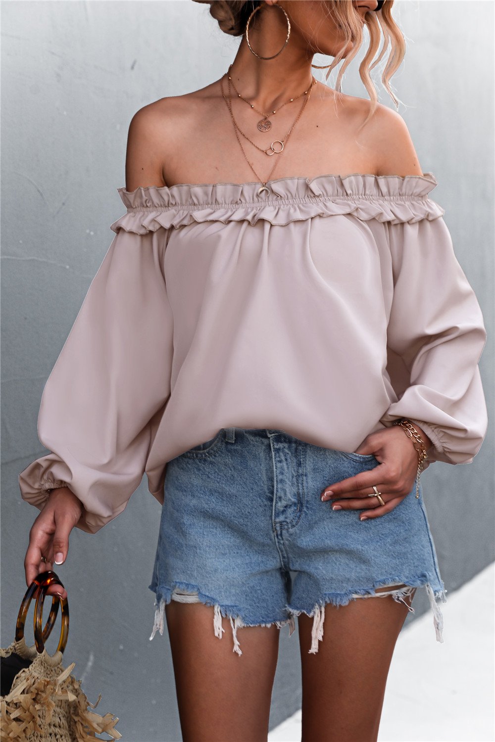 Beach Rose Co. - Frill Trim Off - Shoulder Balloon Sleeve Top