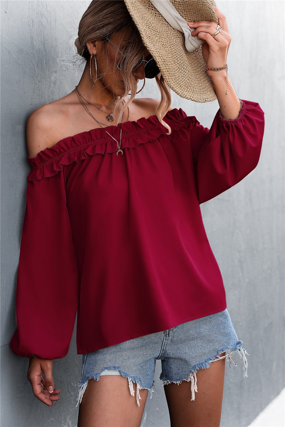 Beach Rose Co. - Frill Trim Off - Shoulder Balloon Sleeve Top