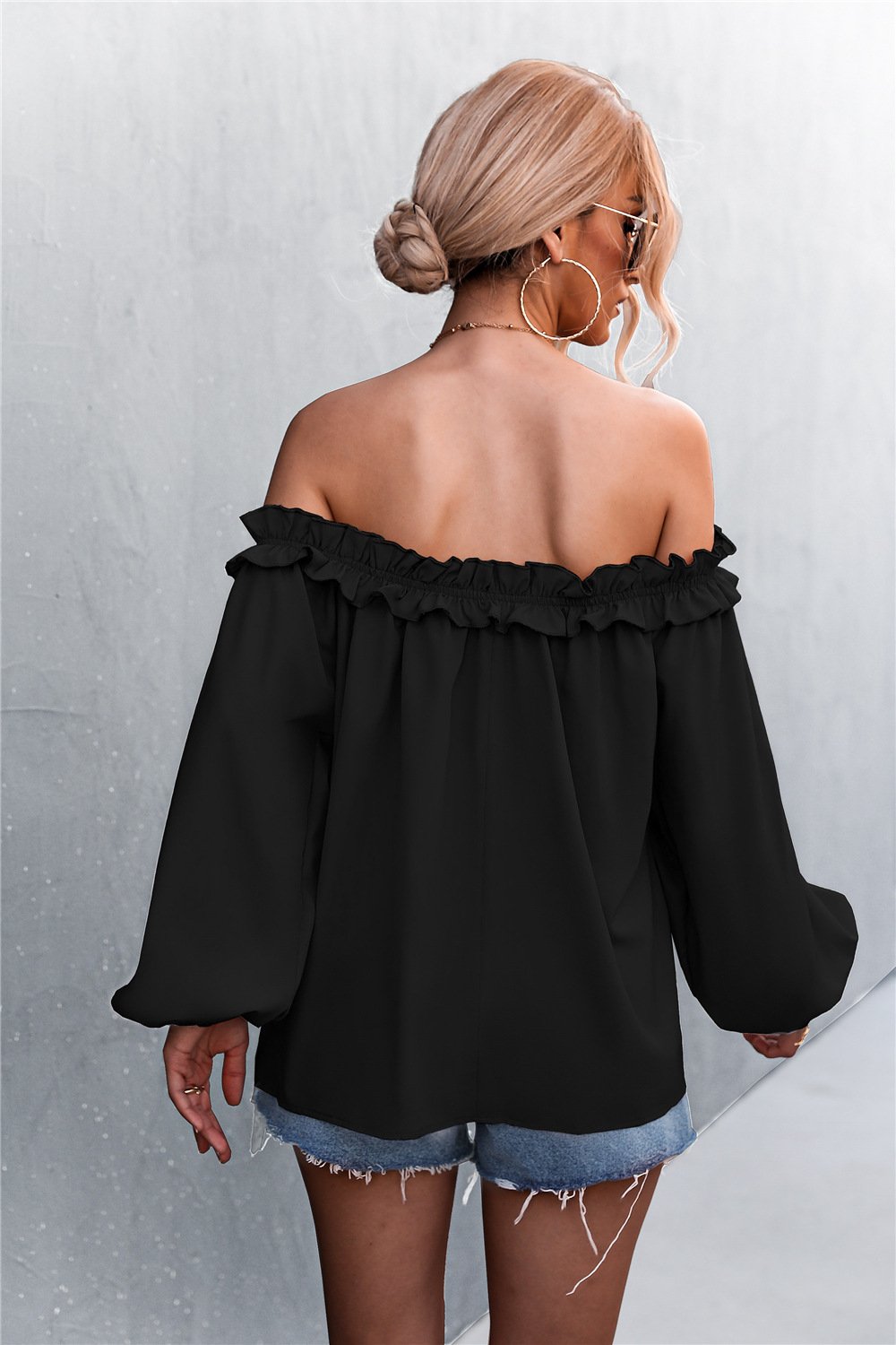 Beach Rose Co. - Frill Trim Off - Shoulder Balloon Sleeve Top