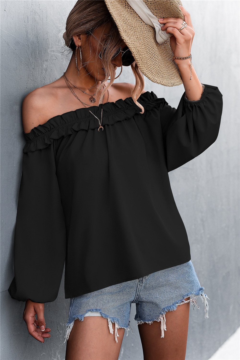 Beach Rose Co. - Frill Trim Off - Shoulder Balloon Sleeve Top