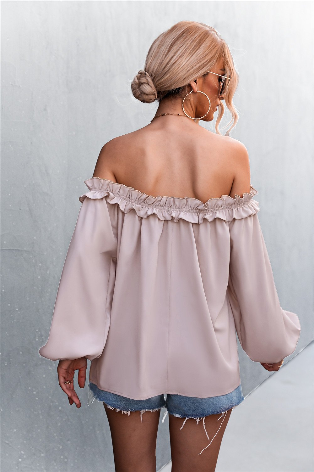 Beach Rose Co. - Frill Trim Off - Shoulder Balloon Sleeve Top