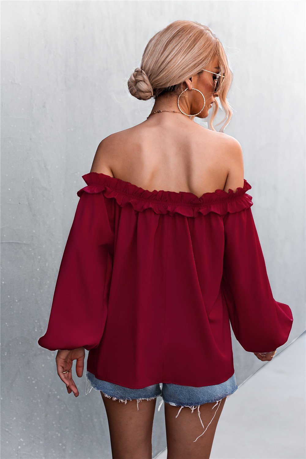 Beach Rose Co. - Frill Trim Off - Shoulder Balloon Sleeve Top