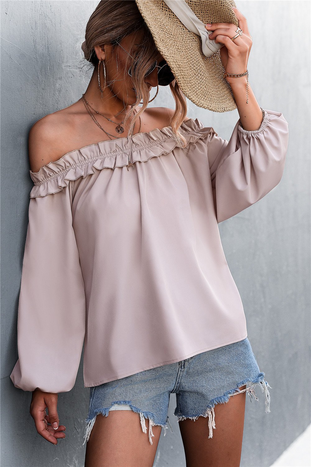 Beach Rose Co. - Frill Trim Off - Shoulder Balloon Sleeve Top