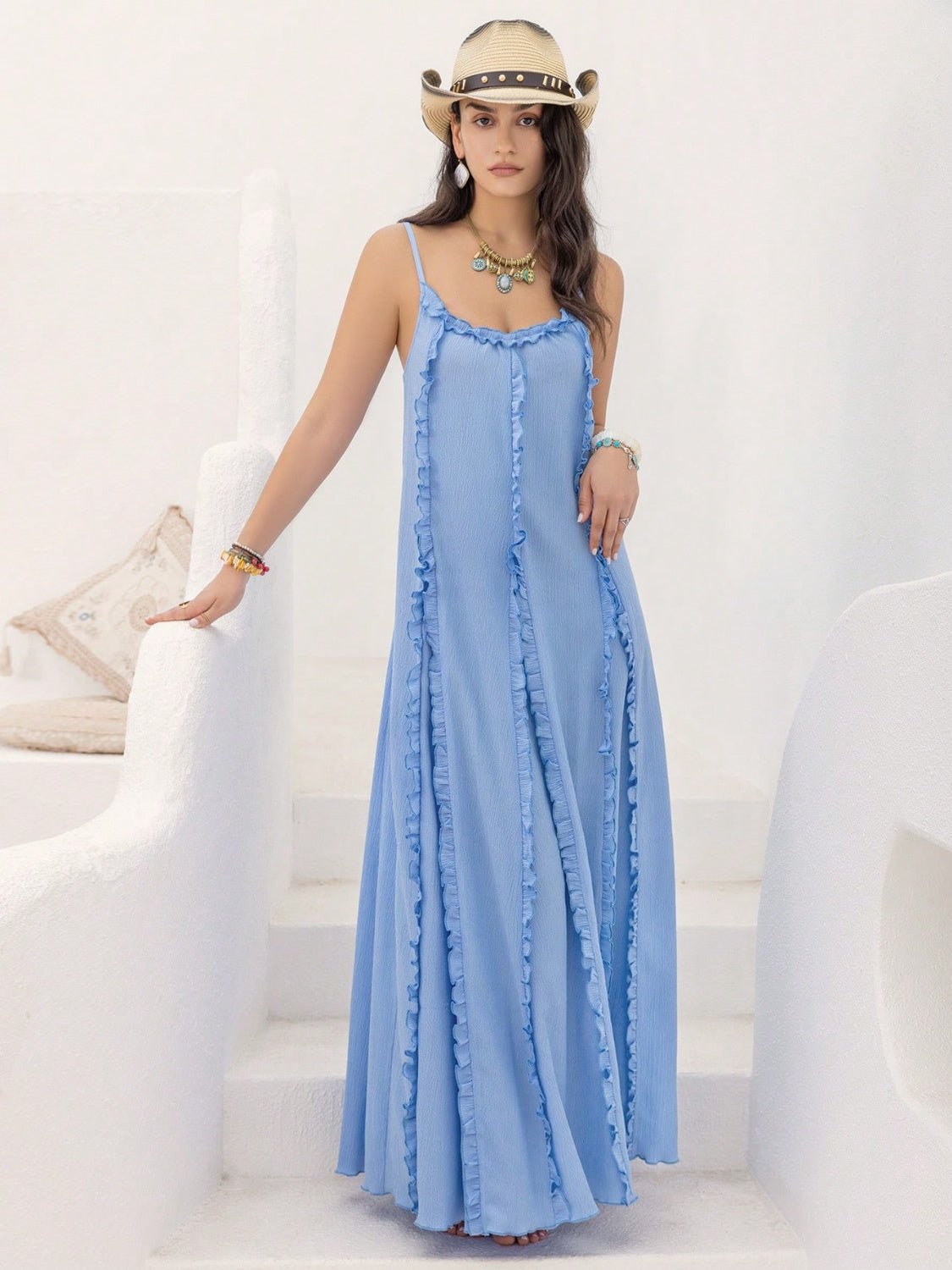 Beach Rose Co. - Frill Trim Scoop Neck Maxi Cami Dress in Misty Blue