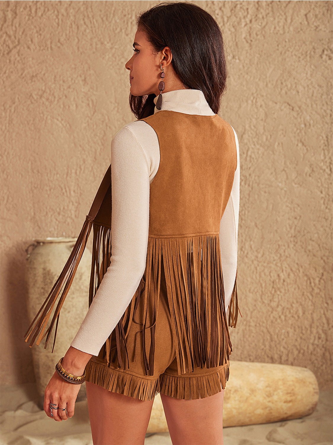 Beach Rose Co. - Fringe Hem Vest and Lace - Up Shorts Set in Ochre