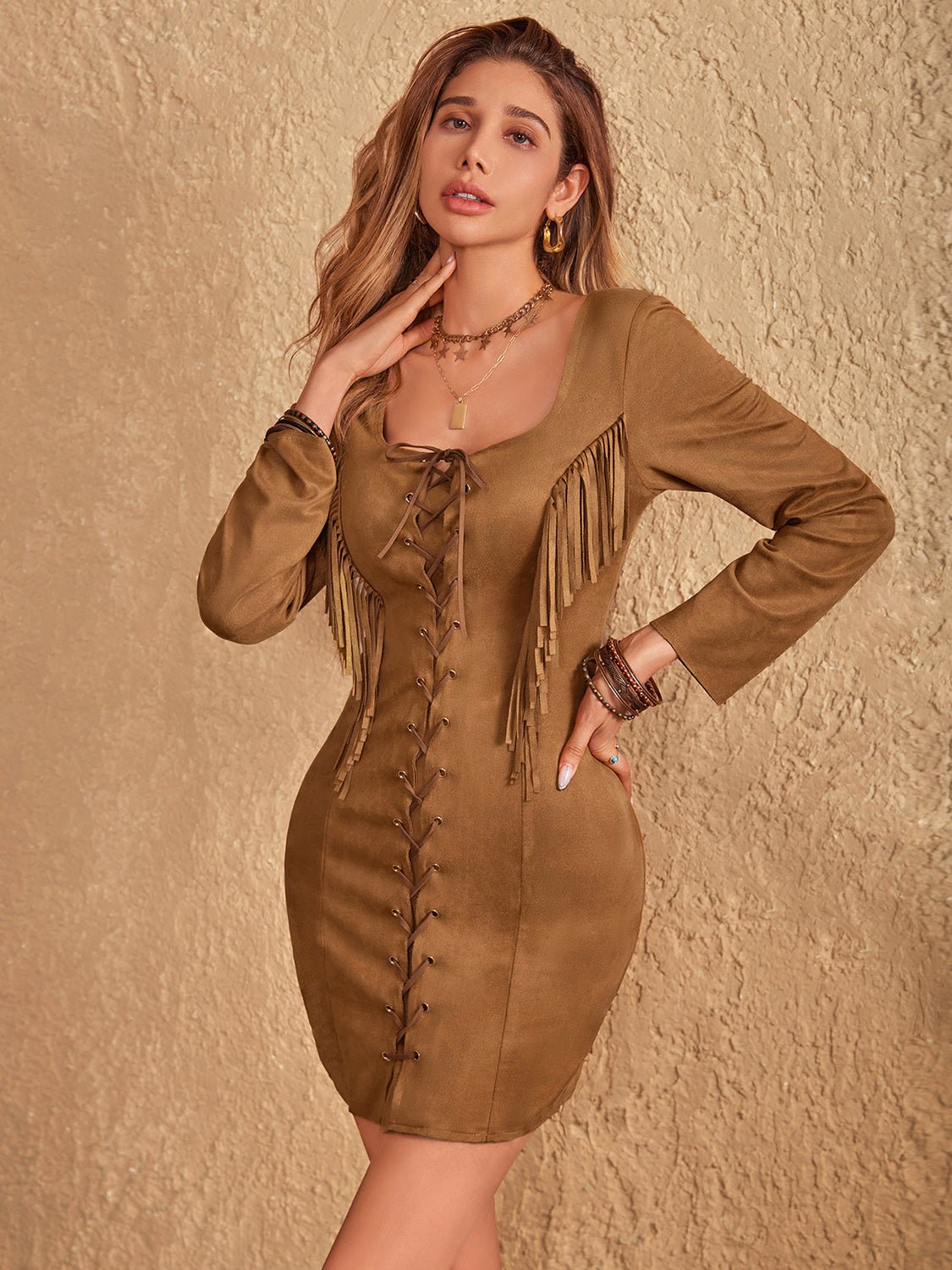 Beach Rose Co. - Fringe Lace Up Mini Dress in Caramel