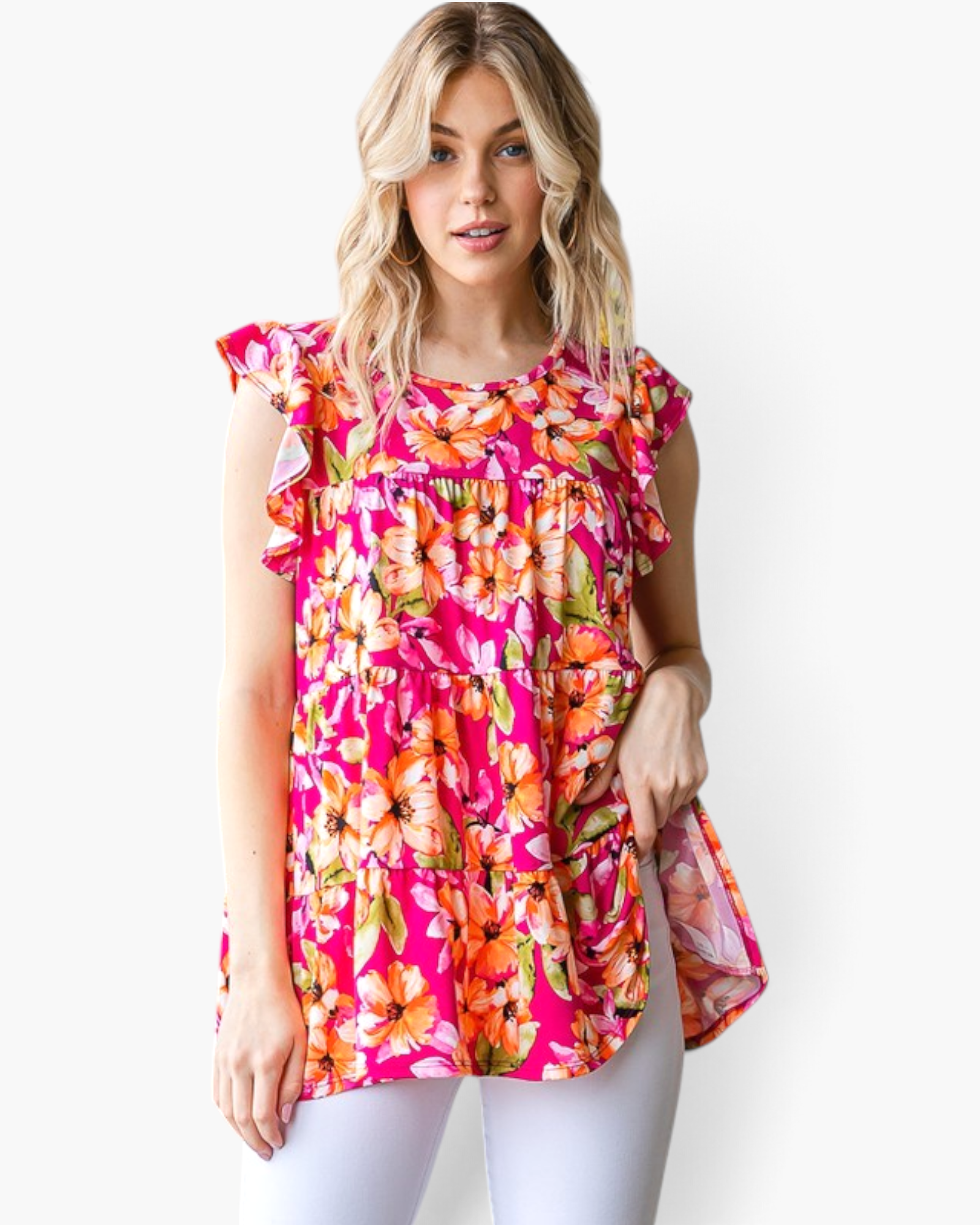 Beach Rose Co. fuchsia floral tiered top with flutter sleeves and a round neckline worn by a blonde model
