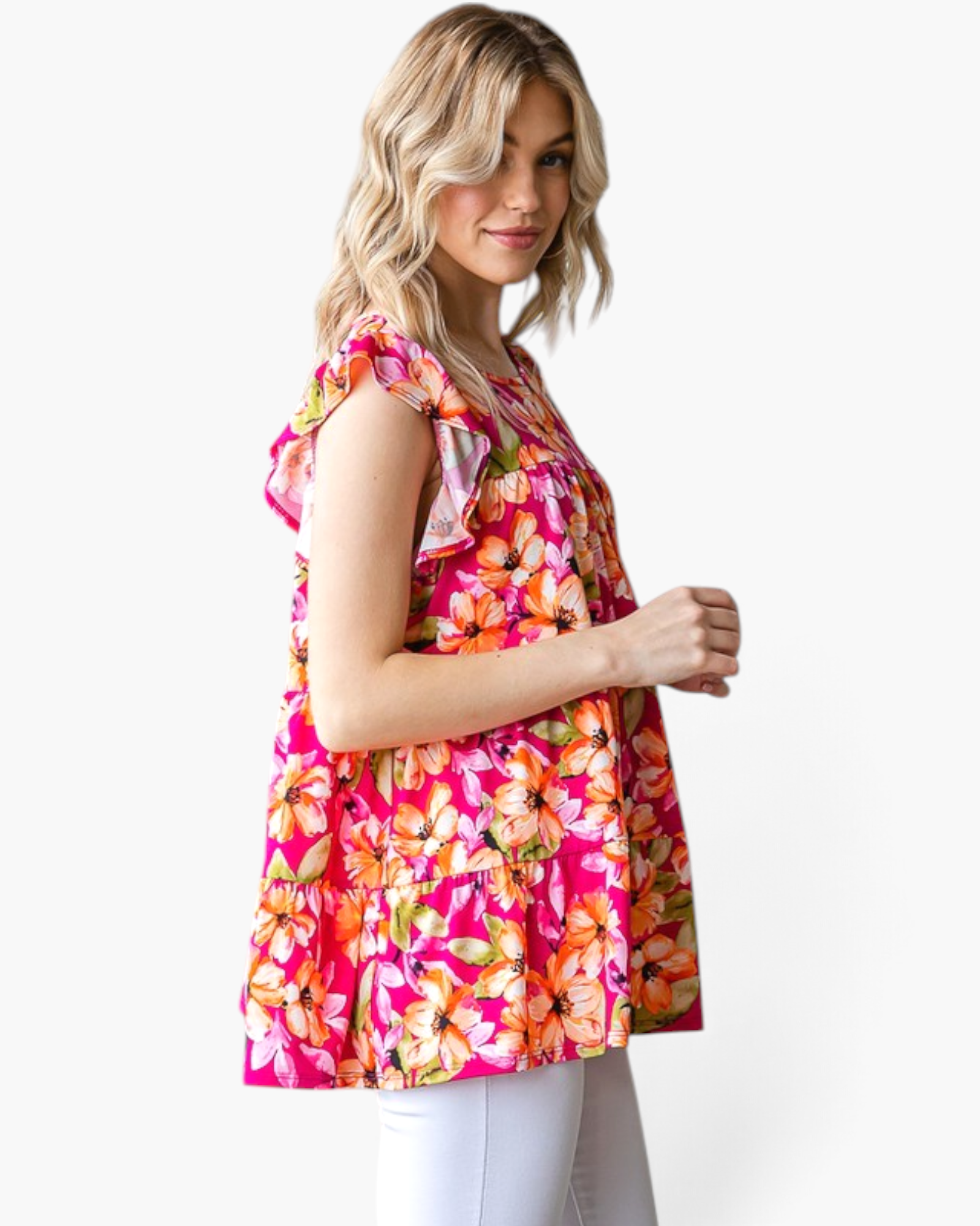 Beach Rose Co. fuchsia floral print tiered top with flutter sleeves and a relaxed fit worn by a blonde model
