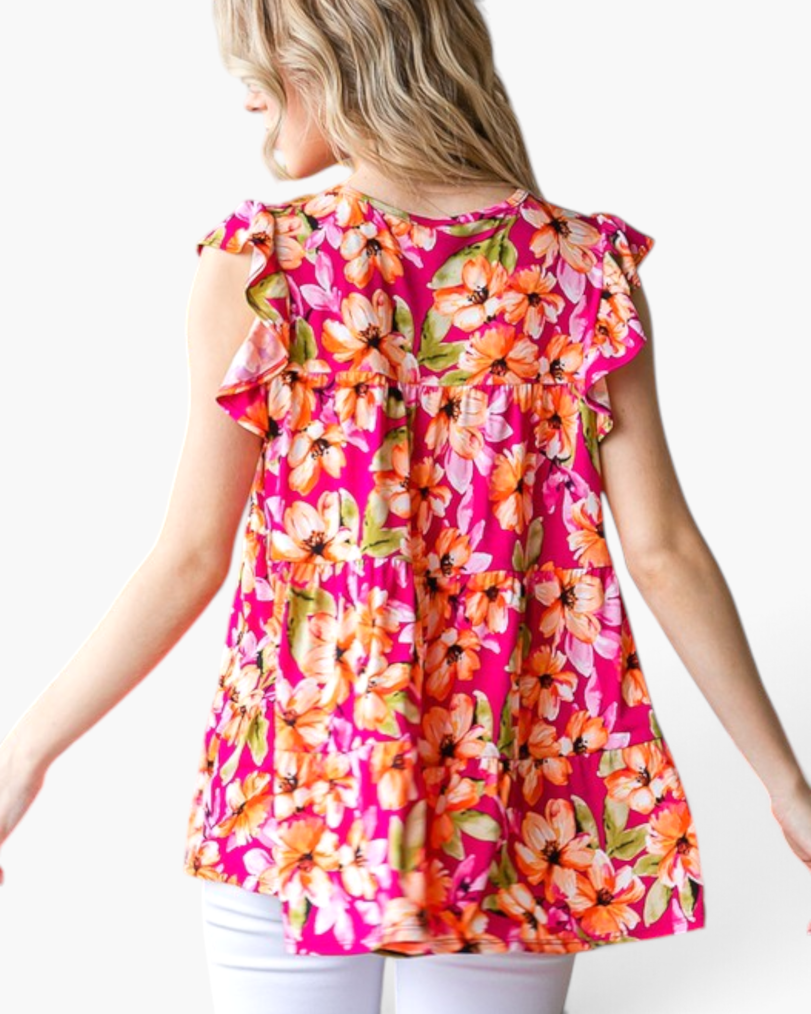 Beach Rose Co. fuchsia floral print tiered top with flutter sleeves and a relaxed fit worn by a blonde woman