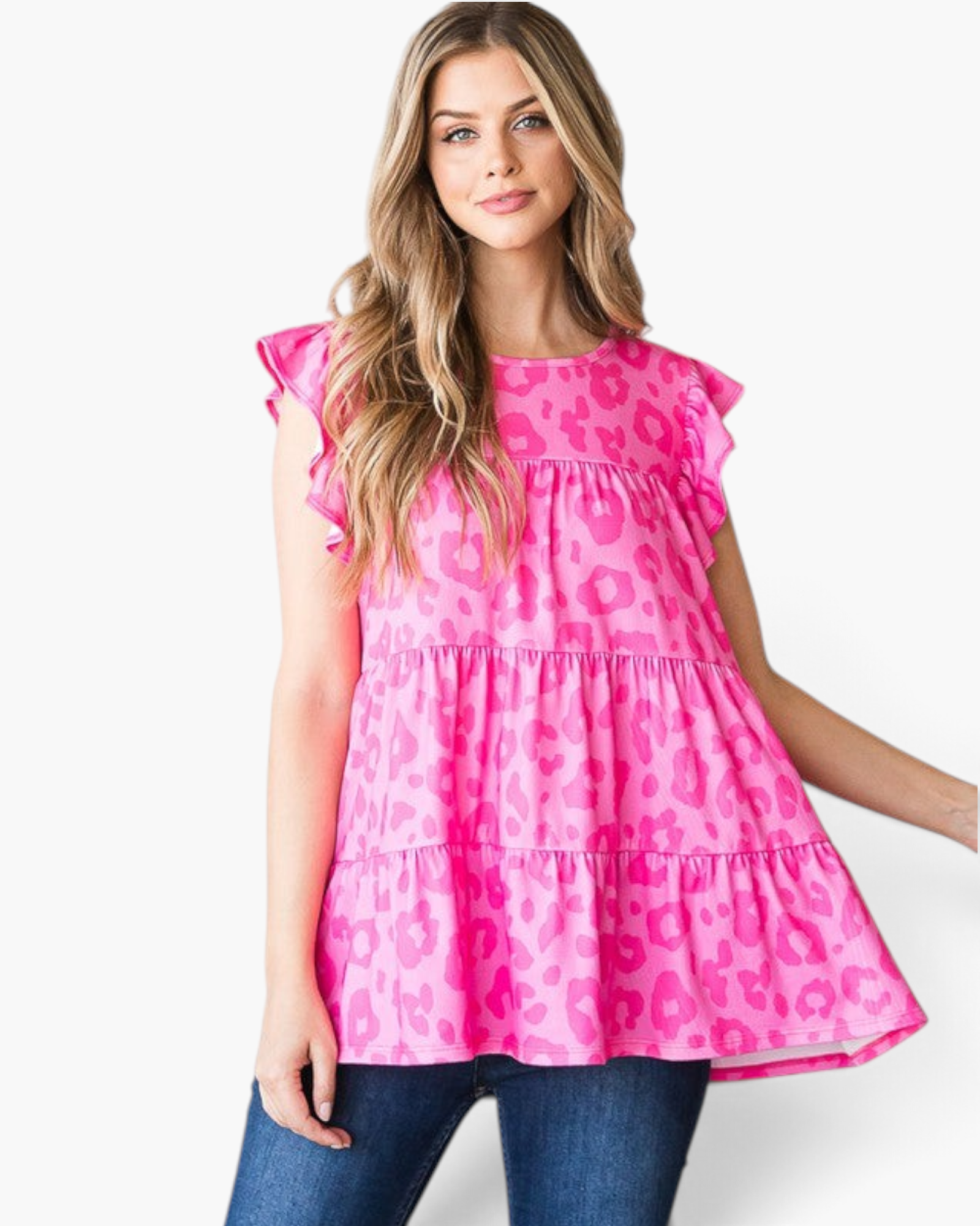 Beach Rose Co. fuchsia leopard print tiered top with flutter sleeves and a round neckline on a model