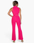 Beach Rose Co. fuchsia ribbed mock neck crop tank top and bootcut pants set worn by a woman from the back view.