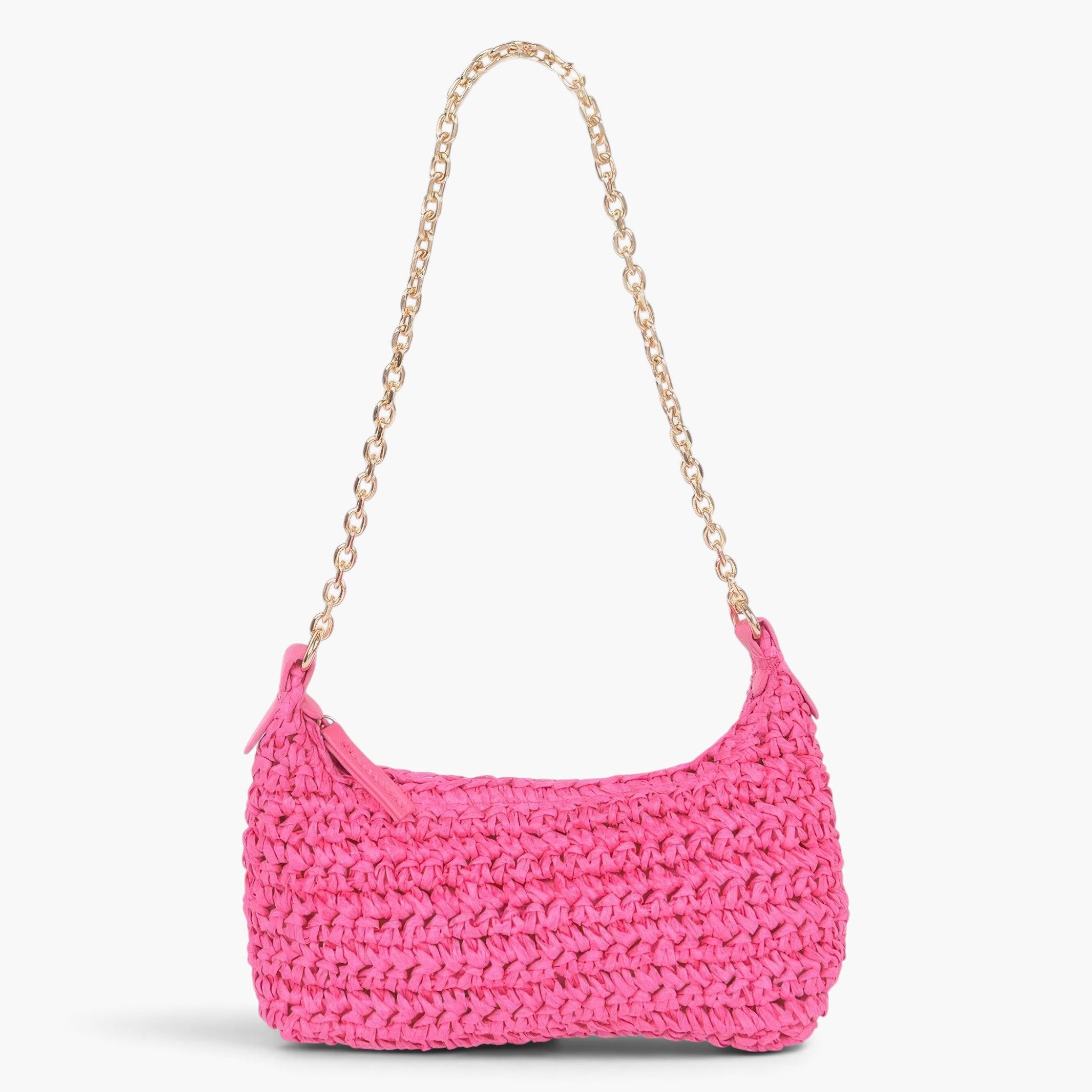 Beach Rose Co. fuchsia faux straw shoulder clutch with a gold chain strap and zip closure.