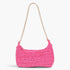 Beach Rose Co. fuchsia faux straw shoulder clutch with a gold chain strap and zip closure.