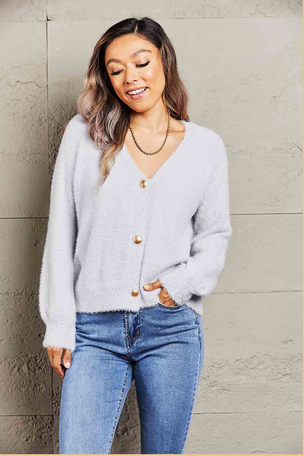 Beach Rose Co. - Fuzzy Long Sleeve Button Down Cardigan