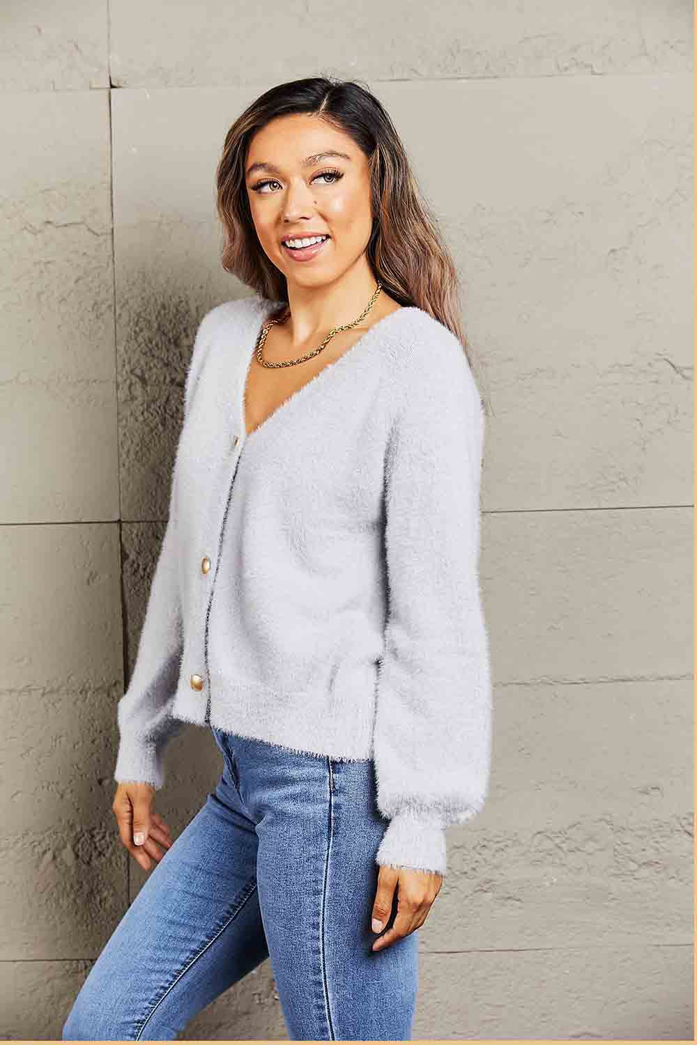 Beach Rose Co. - Fuzzy Long Sleeve Button Down Cardigan