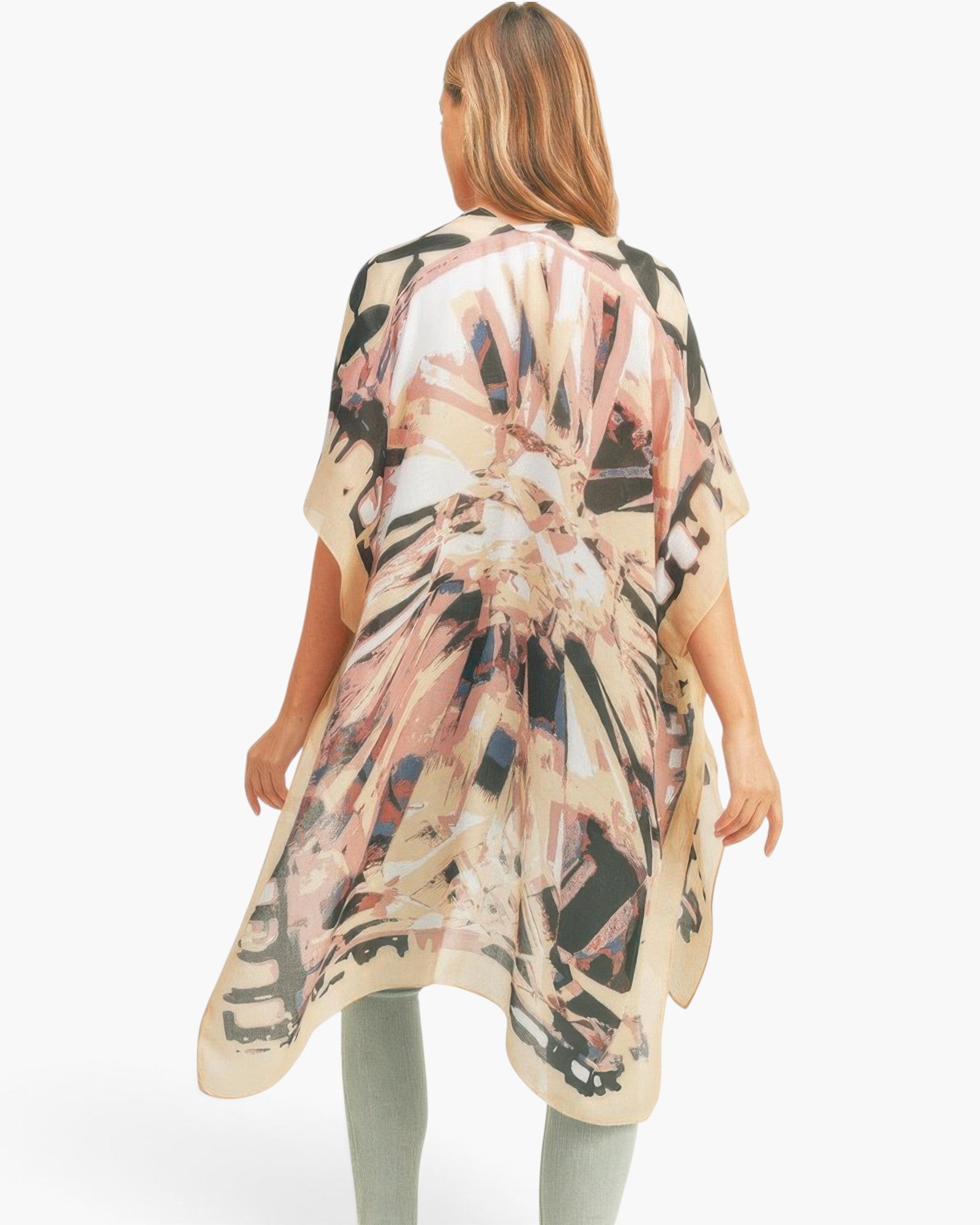 Beach Rose Co. lightweight kimono featuring a bold geometric butterfly wing print on the back in soft neutral tones