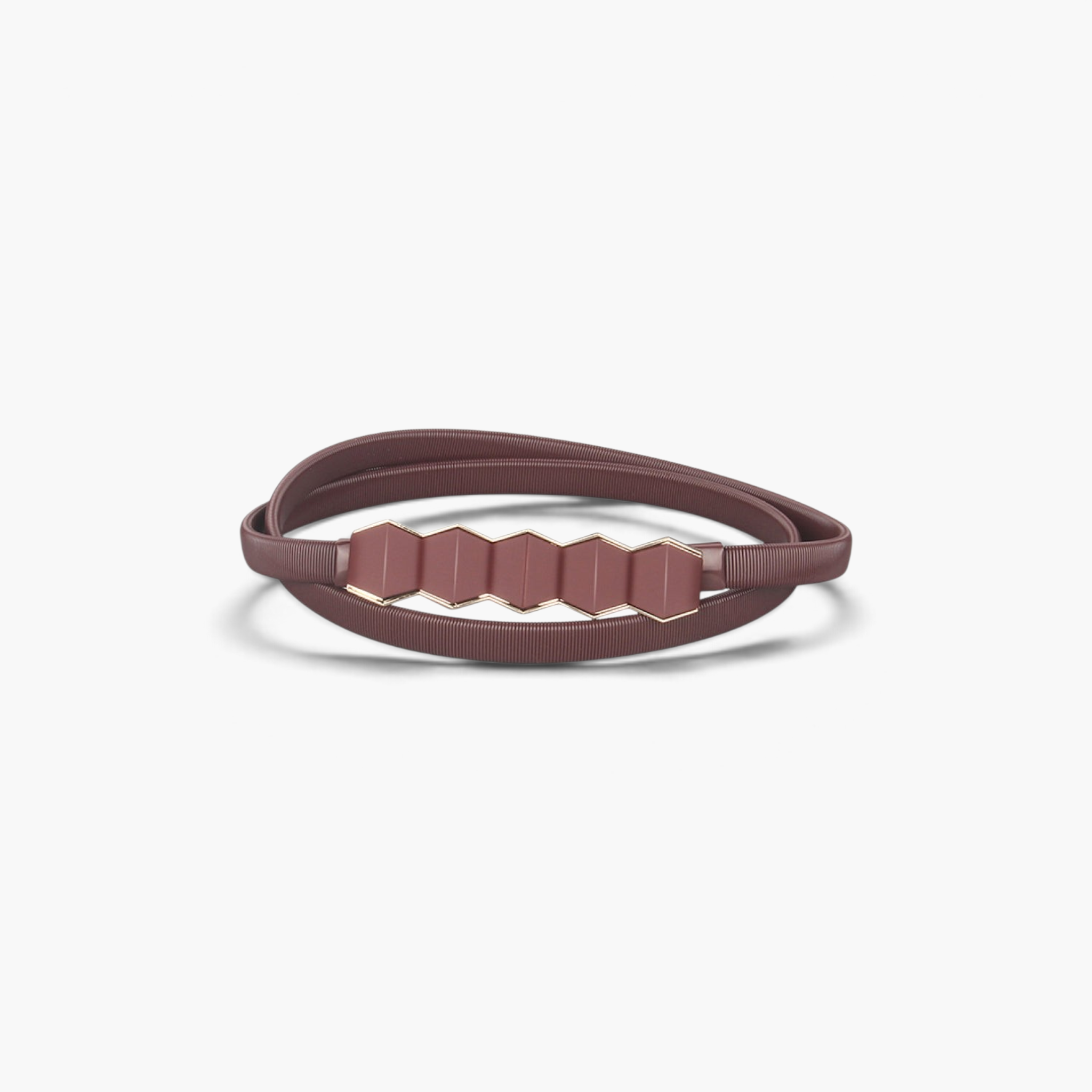 Beach Rose Co. skinny metal waist belt featuring a geometric hexagon buckle and a dark red ribbed stretch band.
