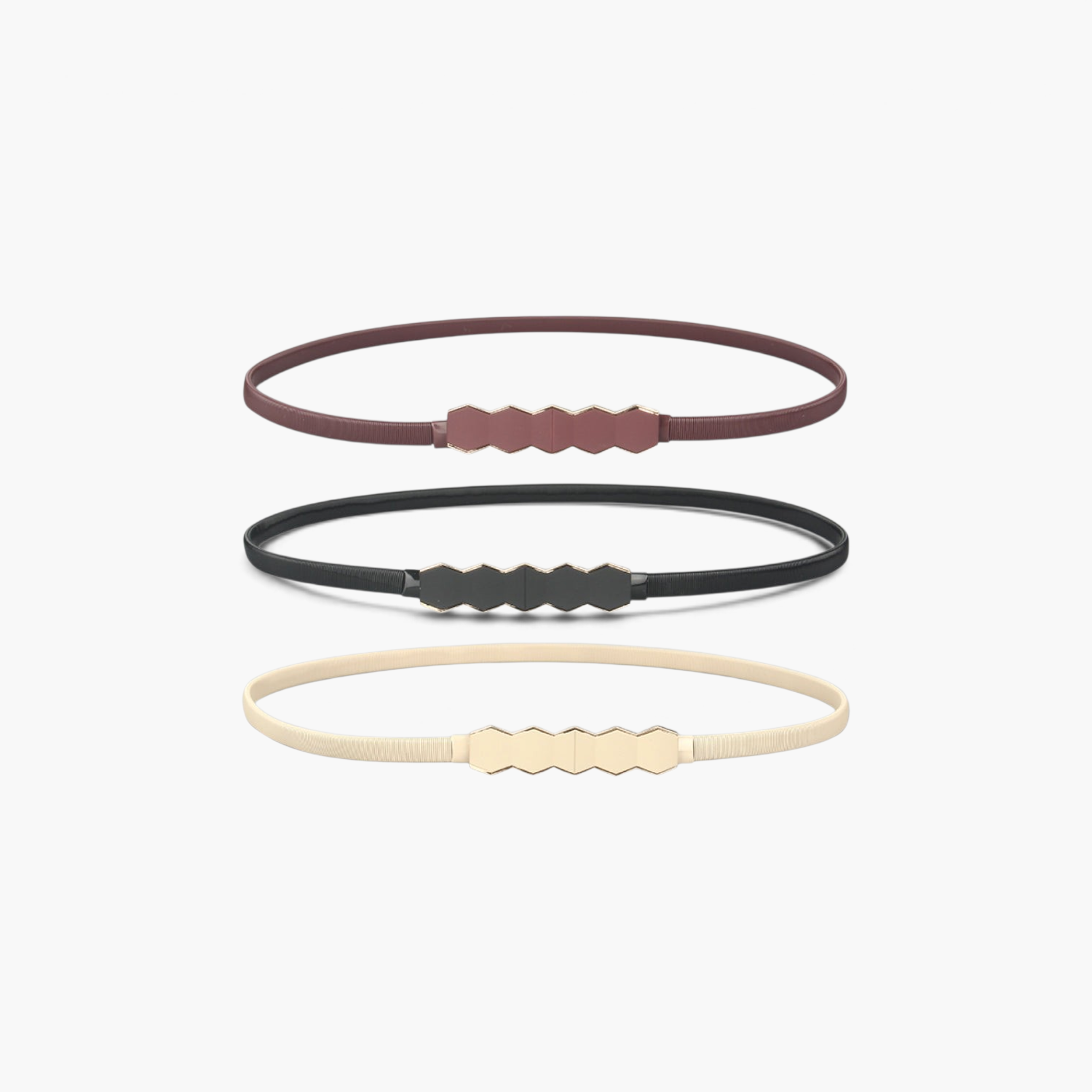 Beach Rose Co. set of three skinny stretch waist belts with geometric hexagon buckles in black, brown, and beige.