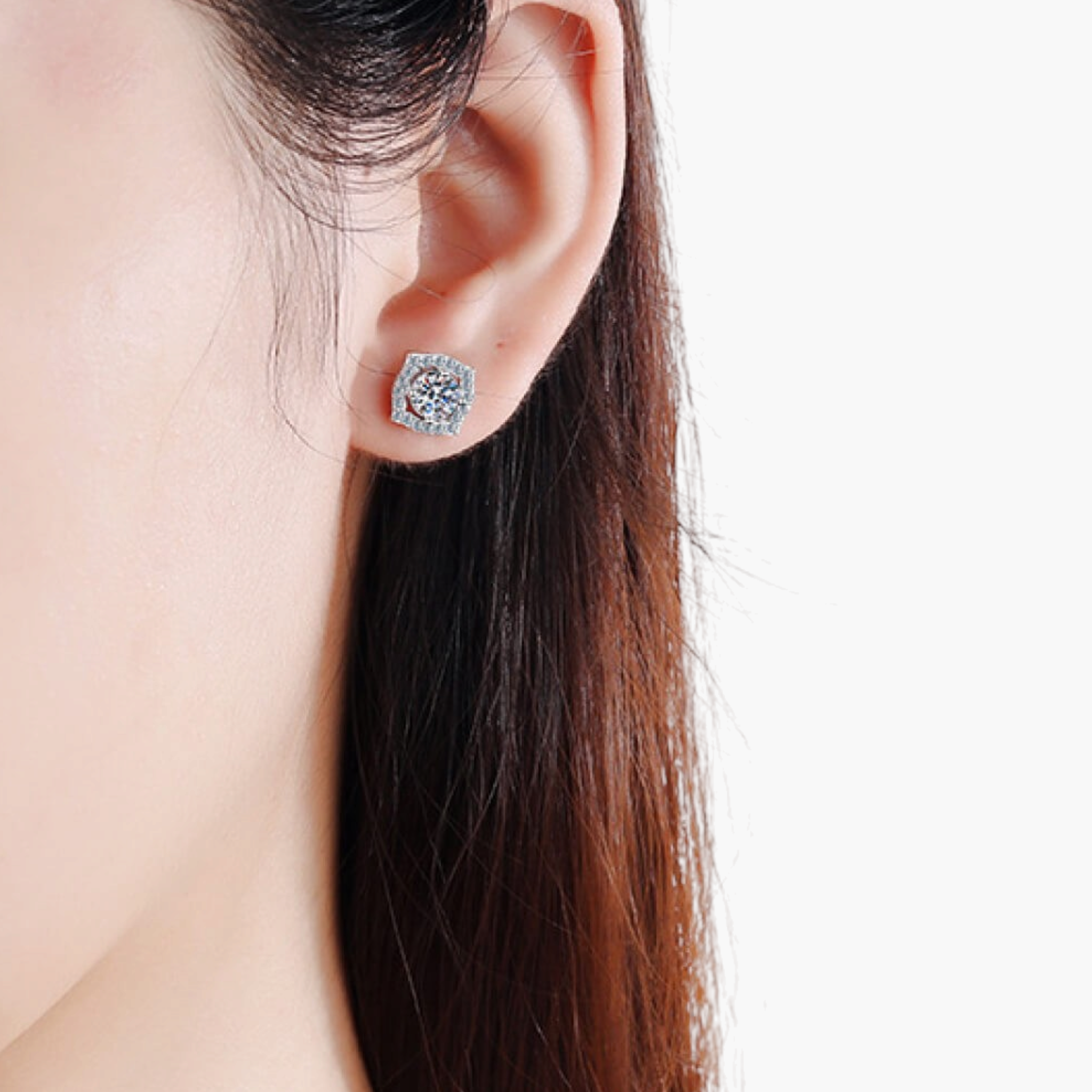 Beach Rose Co. geometric halo stud earrings in rhodium-plated sterling silver with round moissanite and zircon accents