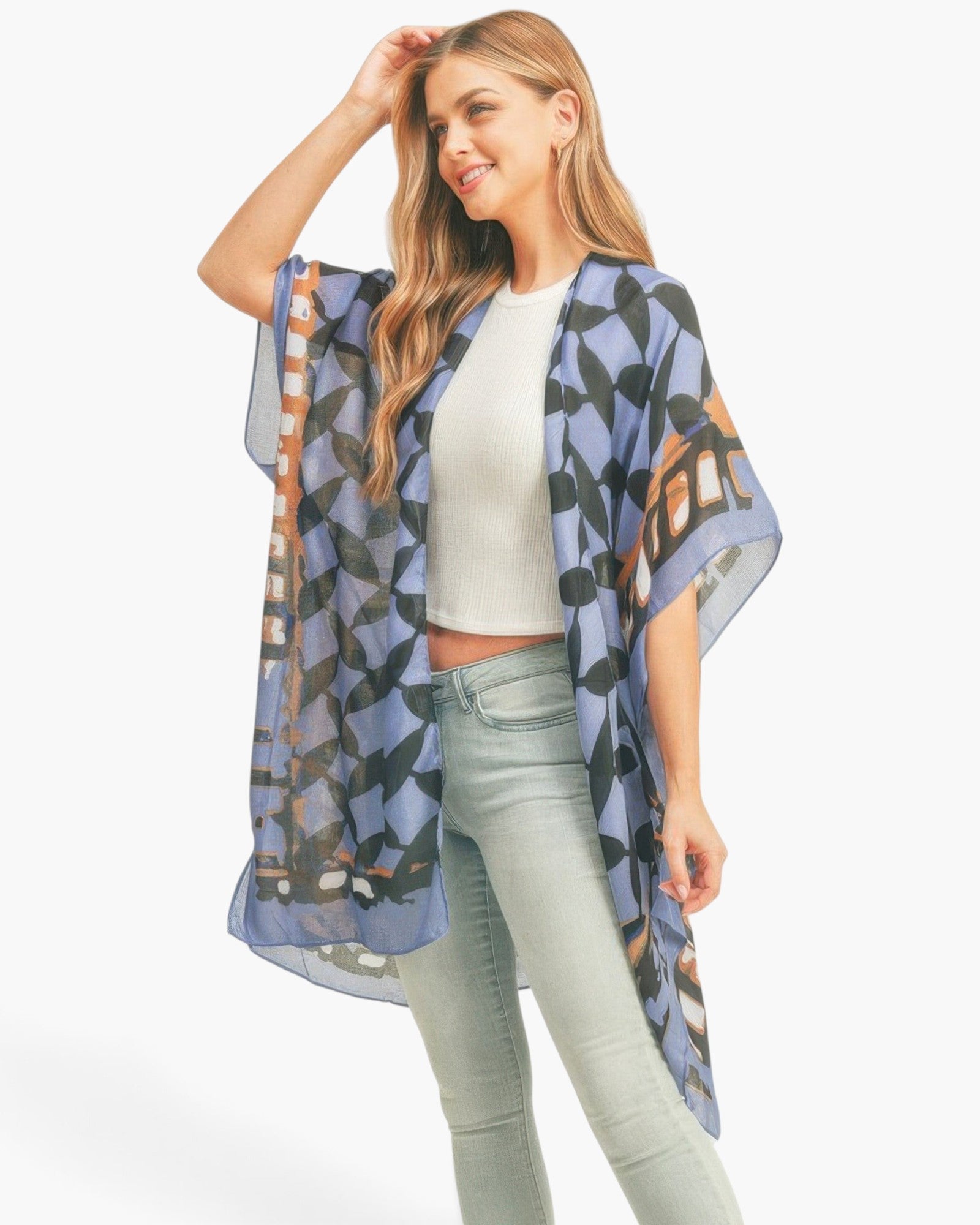 Beach Rose Co. lightweight kimono featuring a blue ombre front and bold geometric back print worn by a smiling model.