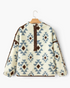 Beach Rose Co. cream sherpa pullover with blue and brown geometric patterns, half-zip collar, and contrast trim.