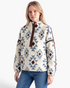 Beach Rose Co. cream sherpa pullover with blue and brown geometric patterns, half-zip collar, and brown trim.
