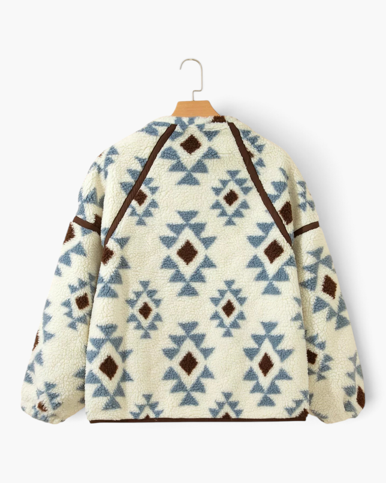 Beach Rose Co. cream sherpa pullover with blue and brown geometric patterns and brown seam trim, back view.
