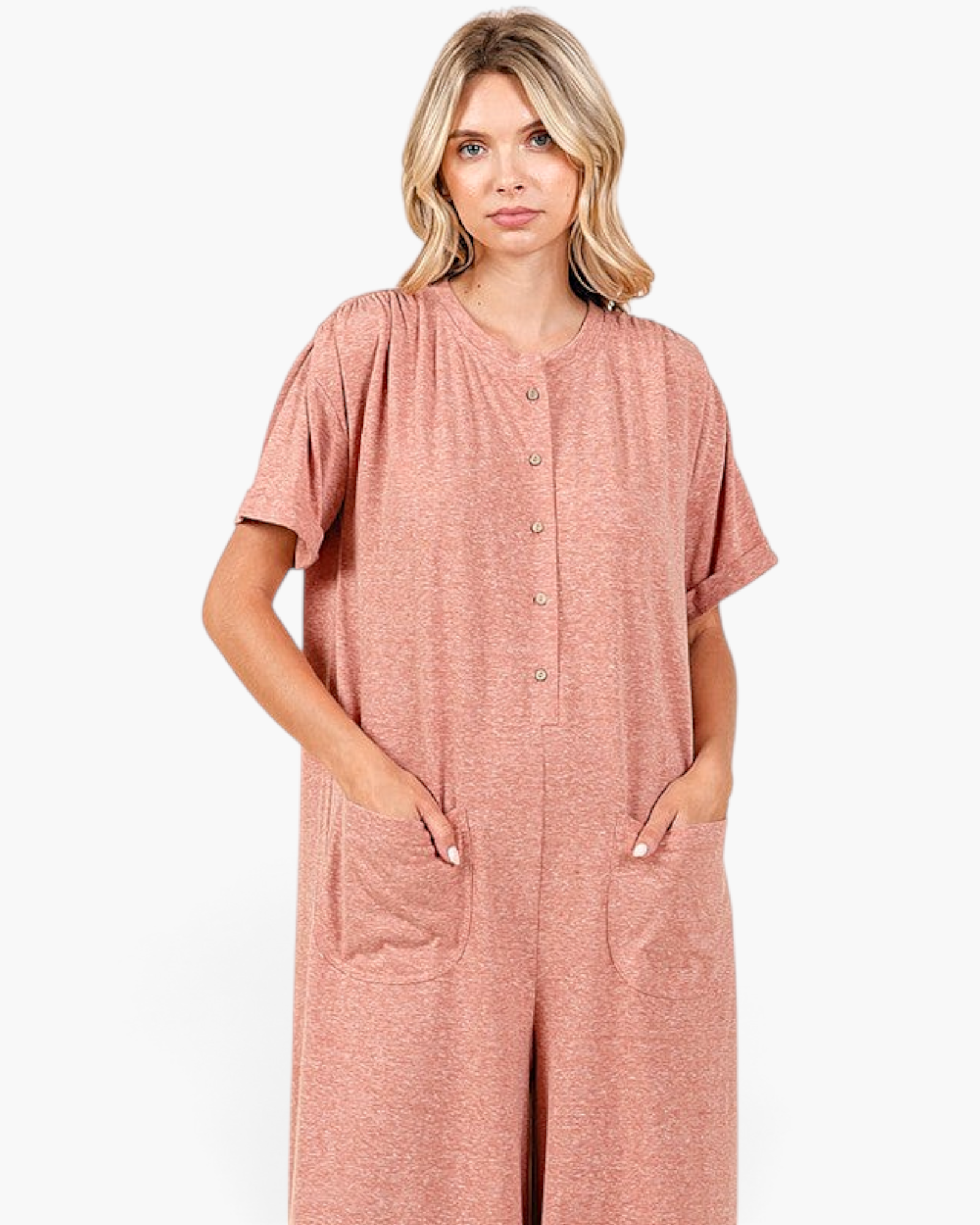 Beach Rose Co. ginger button-front wide-leg jumpsuit with short sleeves, round neckline, and front patch pockets.