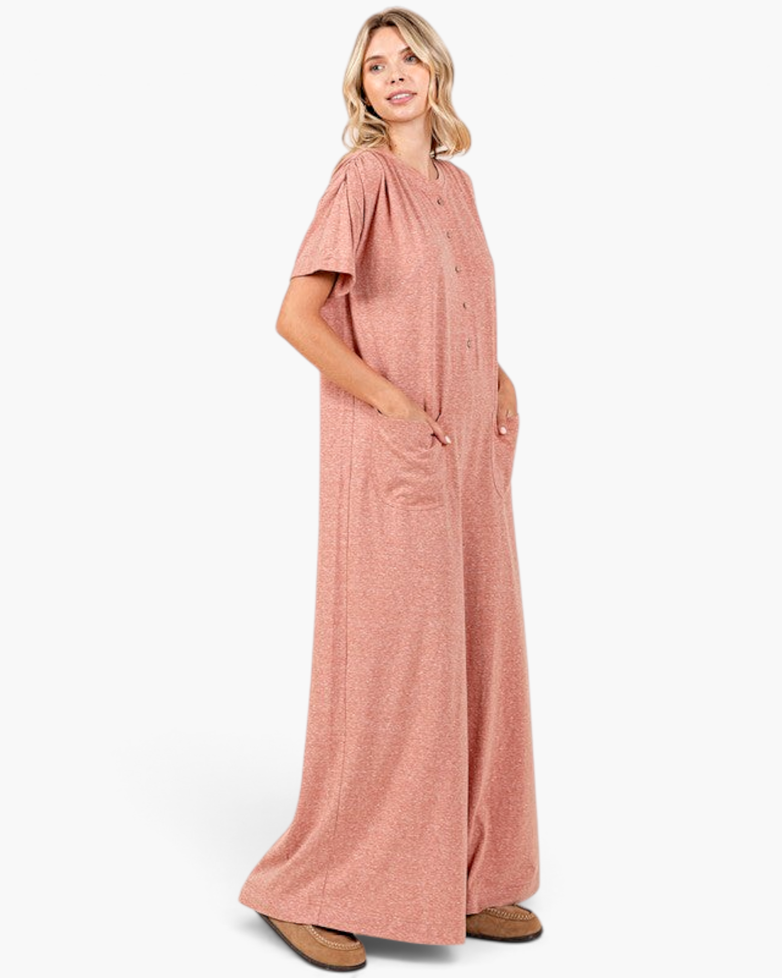 Beach Rose Co. ginger button-front wide-leg jumpsuit with short sleeves and patch pockets on a model