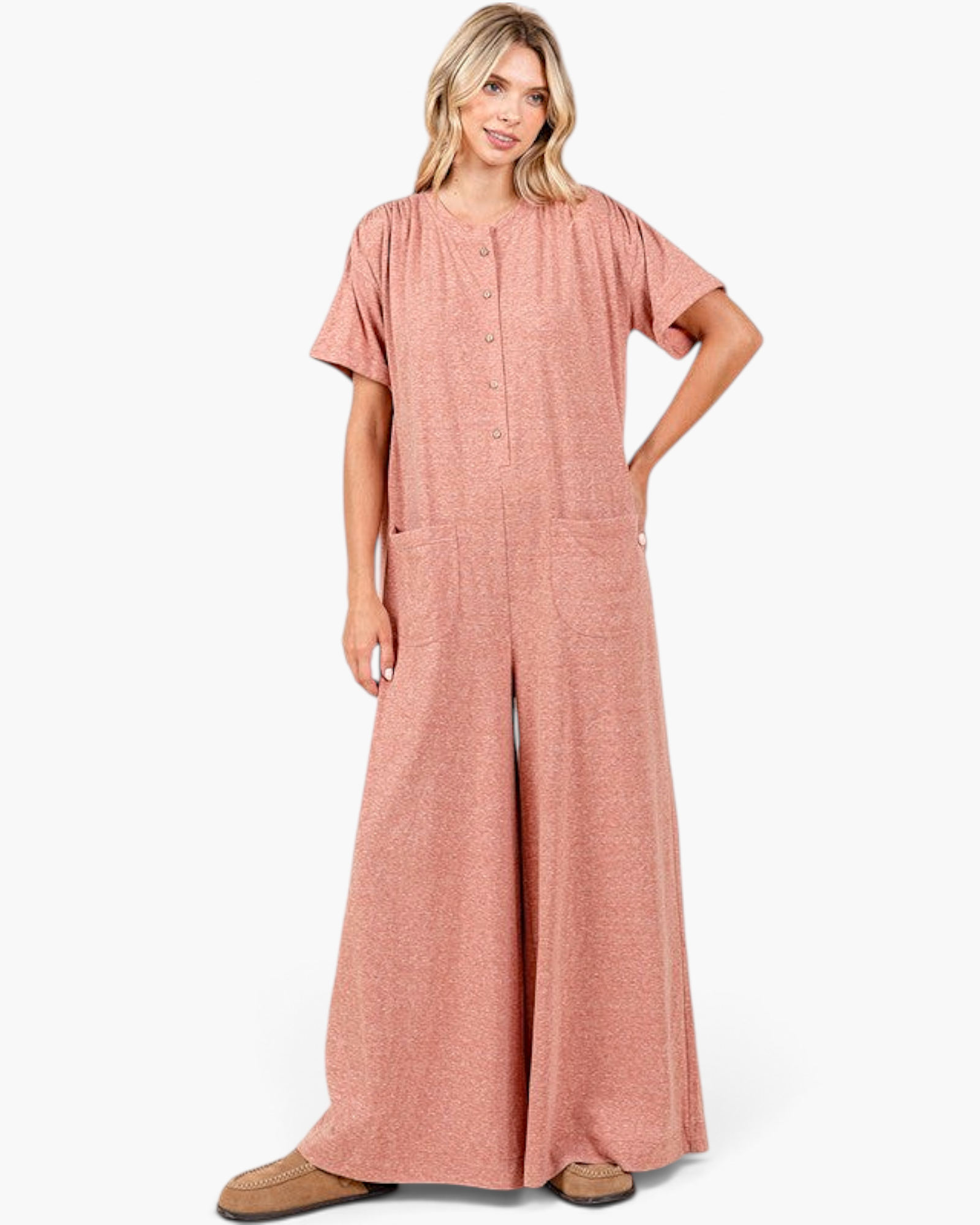 Beach Rose Co. ginger wide-leg jumpsuit with button-front, round neck, short sleeves, and patch pockets on a model.