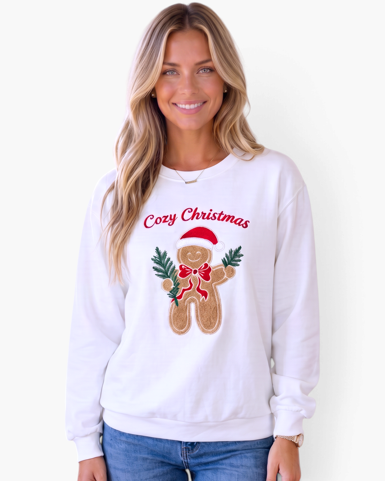 Beach Rose Co. white crewneck sweatshirt featuring a textured gingerbread man appliqué with red Cozy Christmas text.